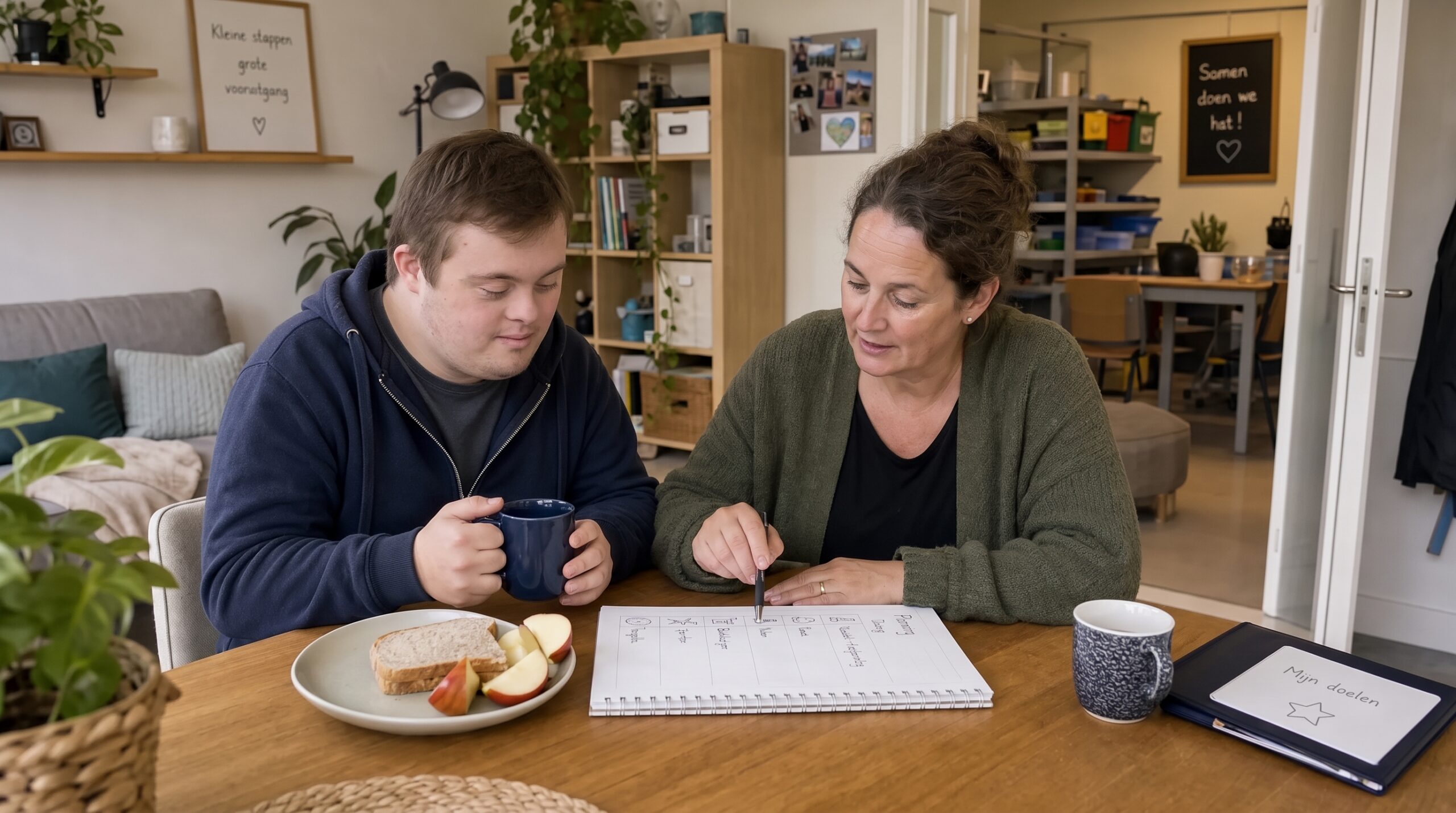 Begeleider en jongvolwassene bespreken dagbesteding aan tafel, met een planner, mokken en een bord met brood en fruit.