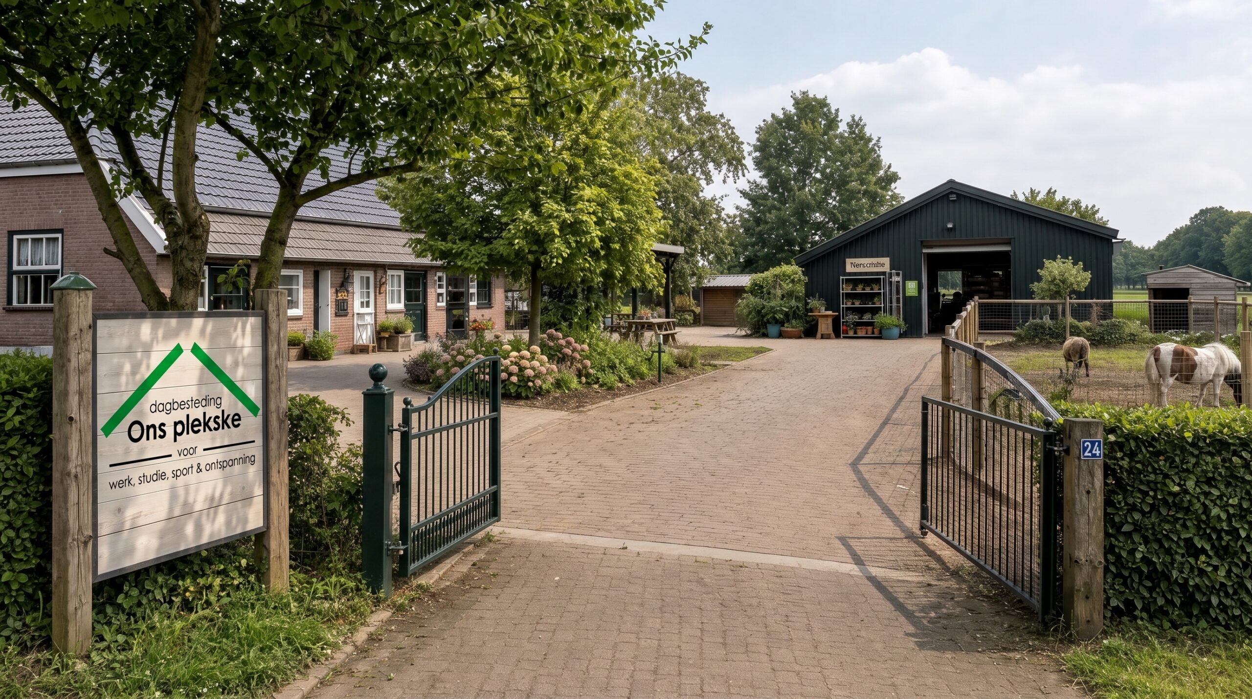 De buitenkant van een zorgboerderij in Oss met een erf, een entree en een dierenweide laat de locatie voor dagbesteding zien.