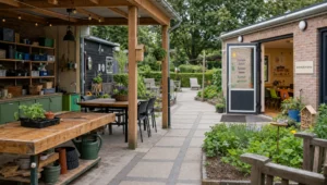 De locatie van de dagbesteding toont een beschutte werkplek, tuin en activiteitruimte naast elkaar.