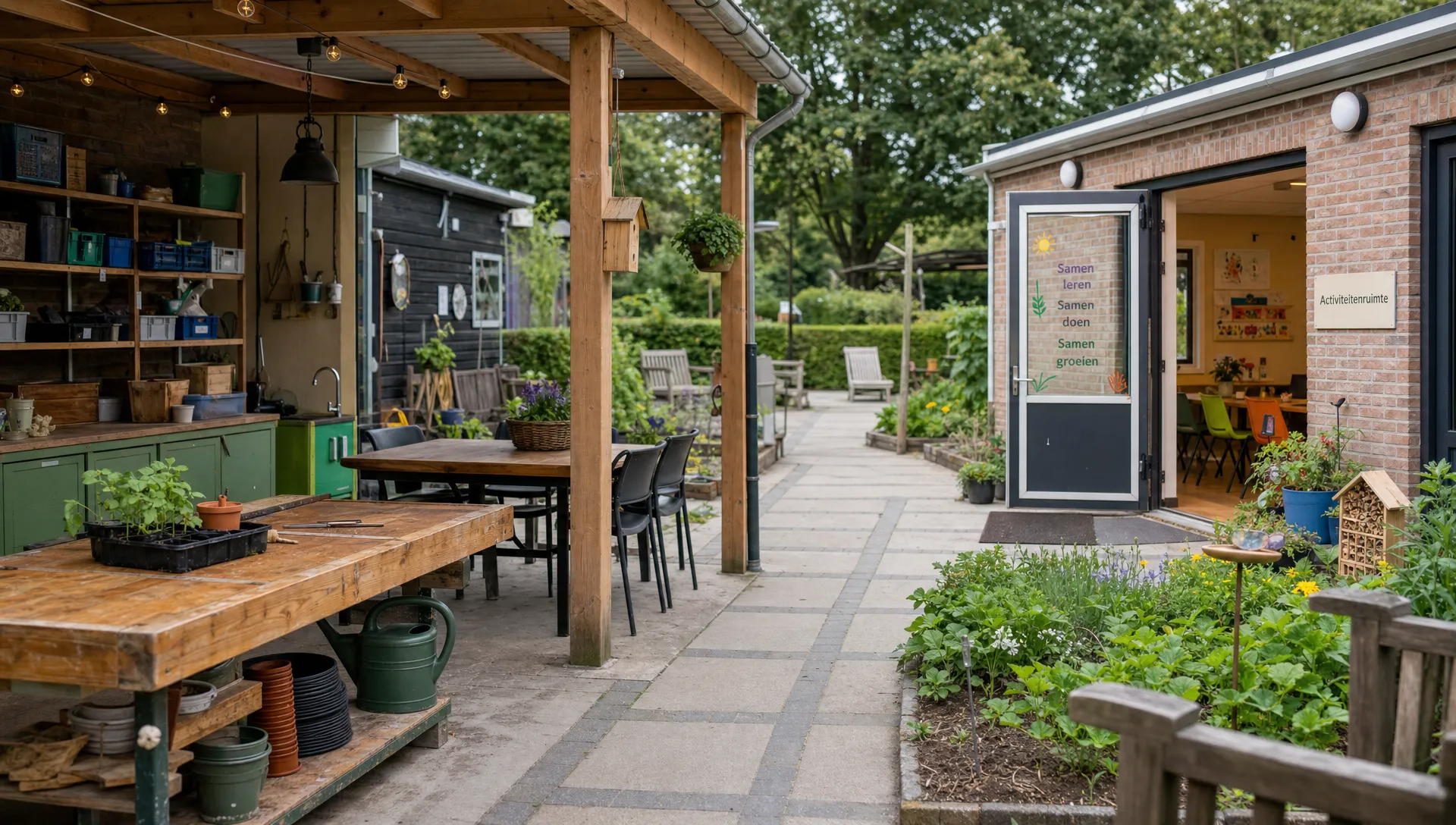 De locatie van de dagbesteding toont een beschutte werkplek, tuin en activiteitruimte naast elkaar.