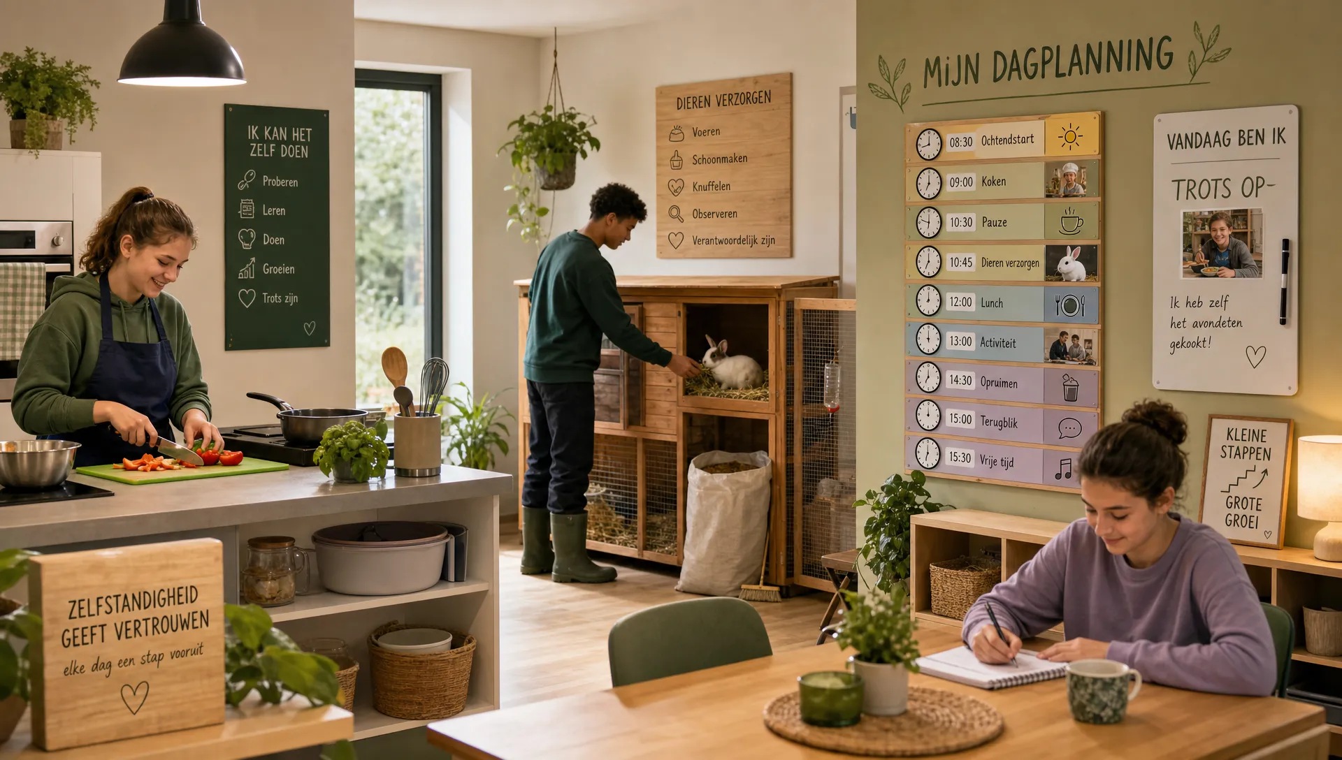 Een activiteitenruimte waar koken, dieren verzorgen en een dagplanning samen laten zien hoe zelfstandigheid groeit.
