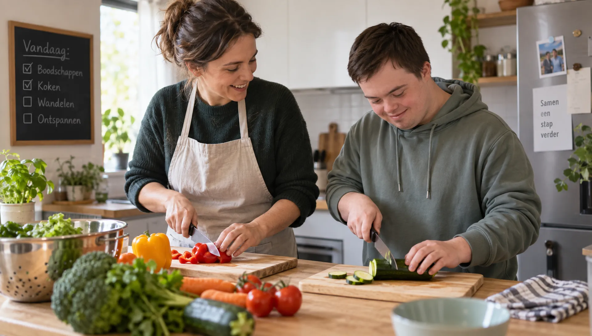 Een begeleider en jongvolwassene snijden samen groenten in een huiselijke keuken als onderdeel van een persoonlijk dagprogramma met praktische activiteiten.