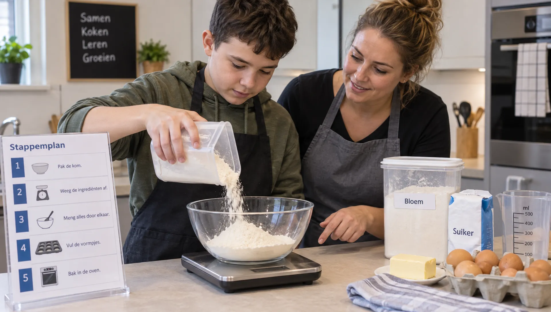Een begeleider ondersteunt een jongere bij het afwegen van ingrediënten in de keuken, met een stappenkaart en materialen binnen handbereik.