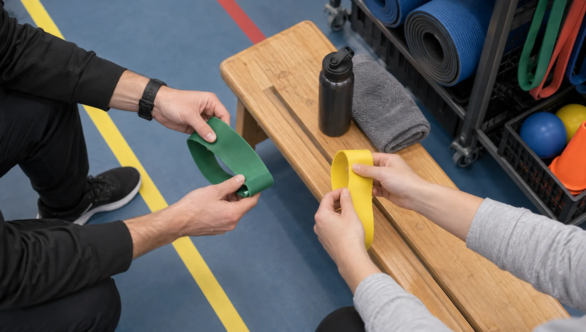 Een coach en jongvolwassene leggen samen weerstandsbanden klaar voor een beweegactiviteit binnen passende dagbesteding.