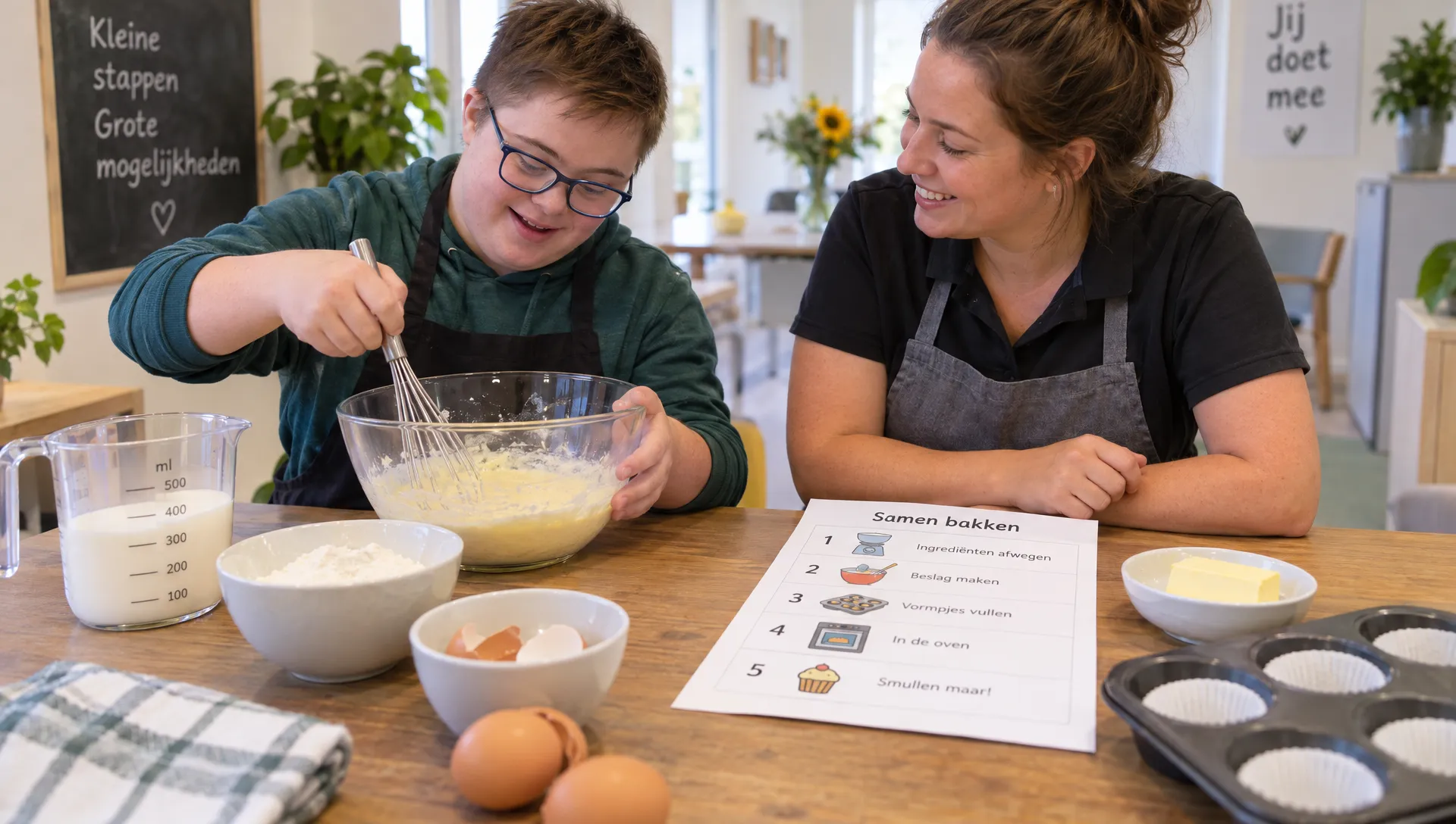Een jongere en begeleider maken samen beslag aan een keukentafel met afgewogen ingrediënten en een stappenkaart tijdens een proefmoment dagbesteding zonder indicatie.