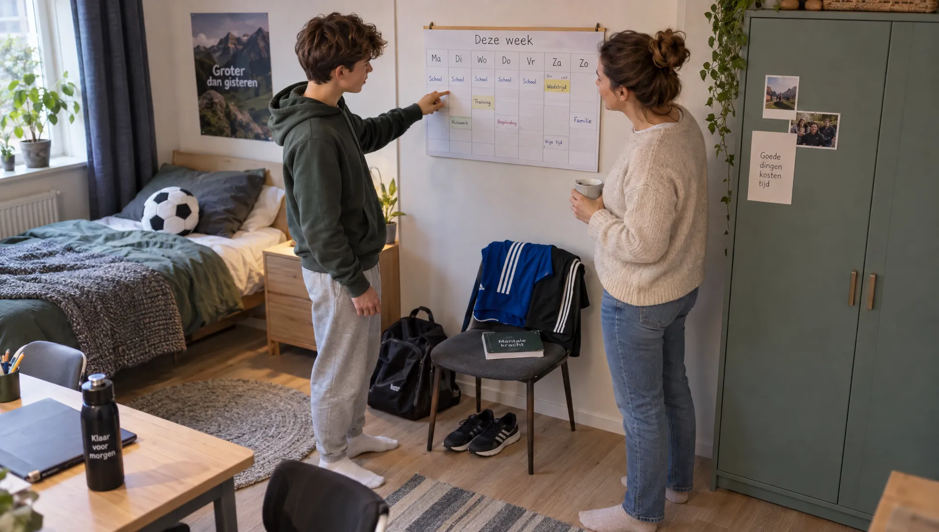 Een jongere en ouder bekijken thuis de weekplanning en bespreken welke activiteiten met begeleiding haalbaar zijn.
