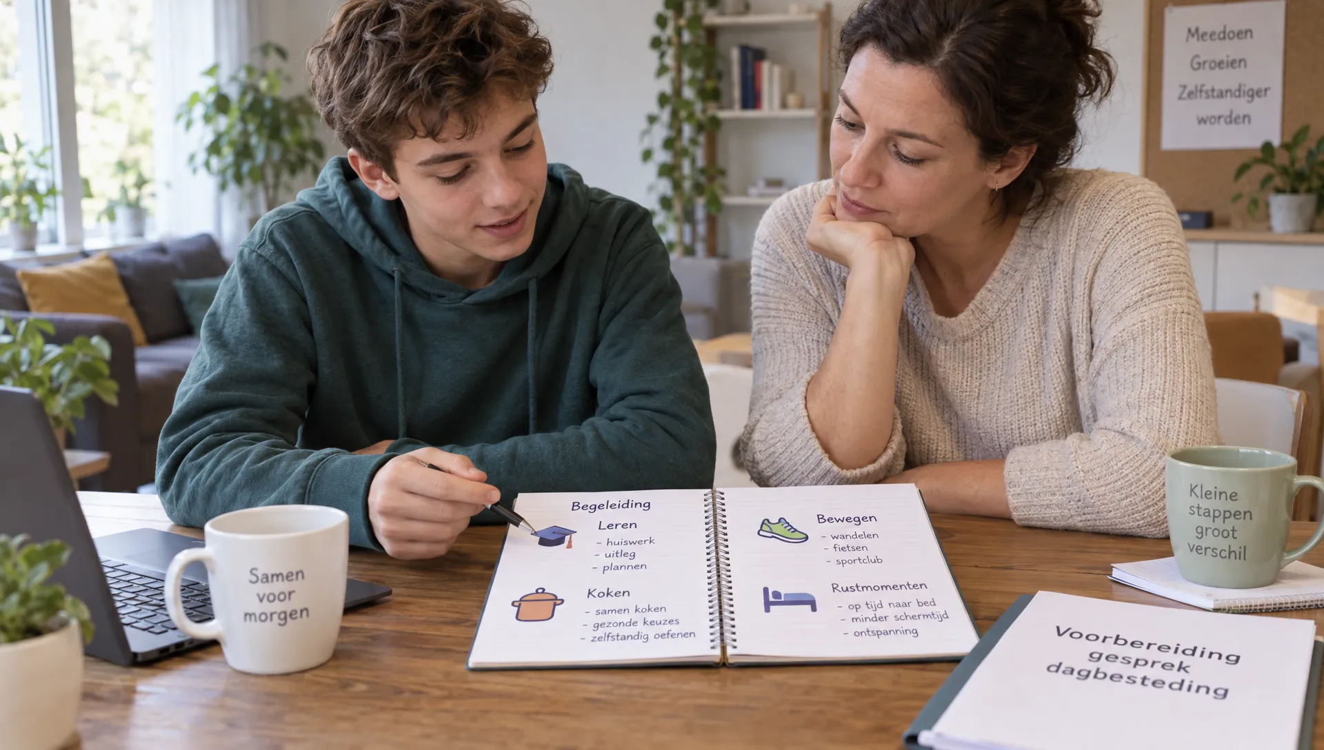 Een jongere en ouder zitten thuis aan tafel en bespreken aantekeningen over begeleiding bij leren, koken, bewegen en rustmomenten ter voorbereiding op een gesprek over dagbesteding.