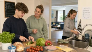 Een jongere helpt in een huiselijke keuken met lunch voorbereiden binnen de dagbesteding.