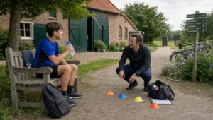 Een jongere neemt pauze op het erf van de zorgboerderij terwijl een begeleider de volgende activiteit voorbereidt.