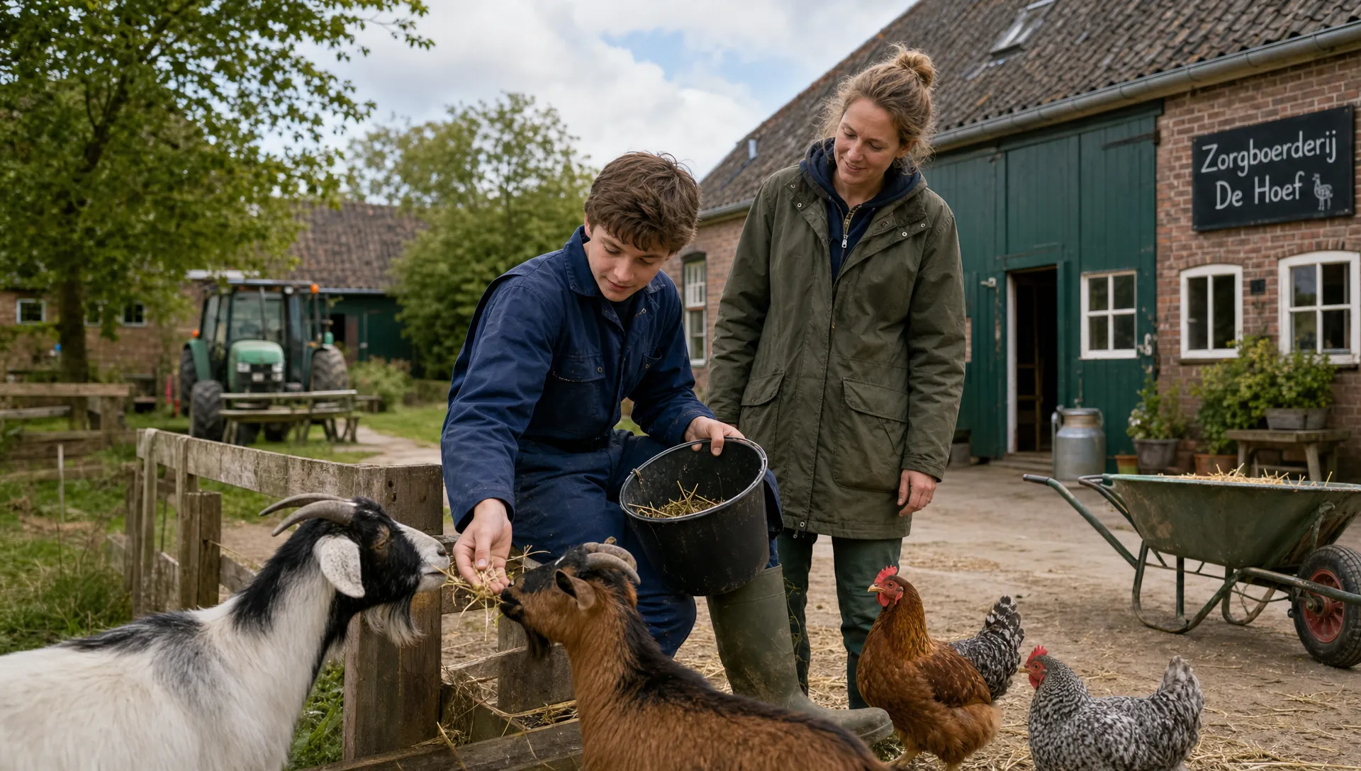 Een jongere verzorgt dieren op de boerderij met een begeleider dichtbij en het erf op de achtergrond.