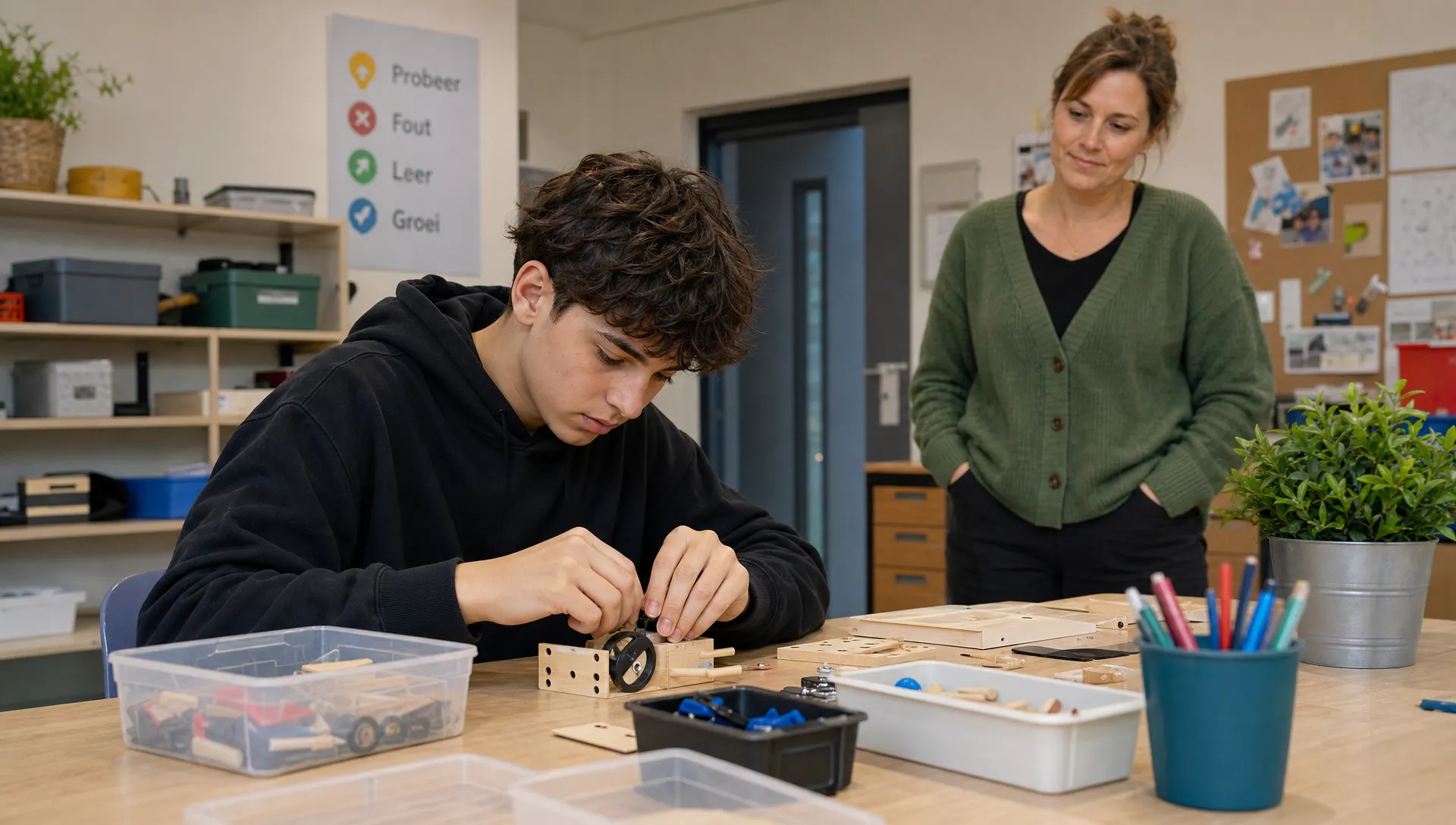 Een jongere werkt geconcentreerd aan een praktische activiteit met materialen op tafel en een begeleider op rustige afstand.