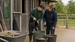 Een jongvolwassene en een coach verzorgen dieren bij een erf met emmers, voerbakken en een stal, als voorbeeld van dagbesteding op een boerderij.