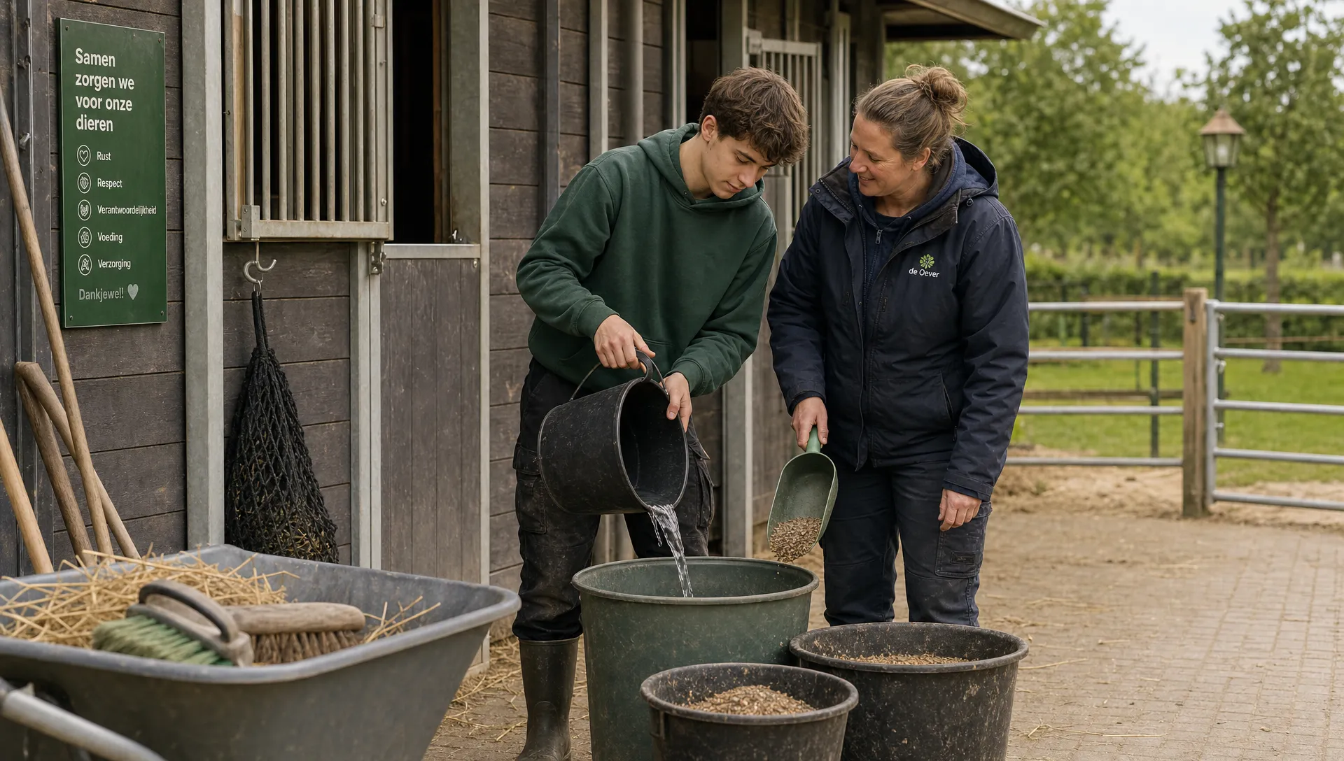 Een jongvolwassene en een coach verzorgen dieren bij een erf met emmers, voerbakken en een stal, als voorbeeld van dagbesteding op een boerderij.