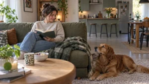 Een jongvolwassene leest thuis op de bank naast een hond tijdens een rustige, voorspelbare vrije dag.