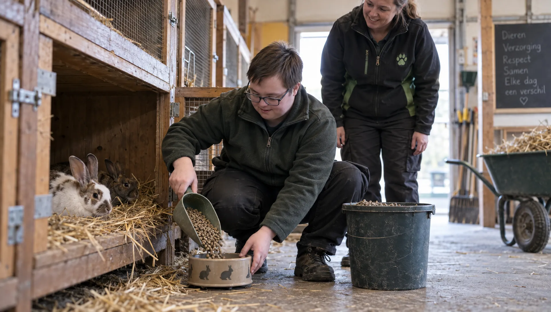 Een jongvolwassene verzorgt met begeleiding dieren als onderdeel van de dagbesteding op een zorgboerderij.