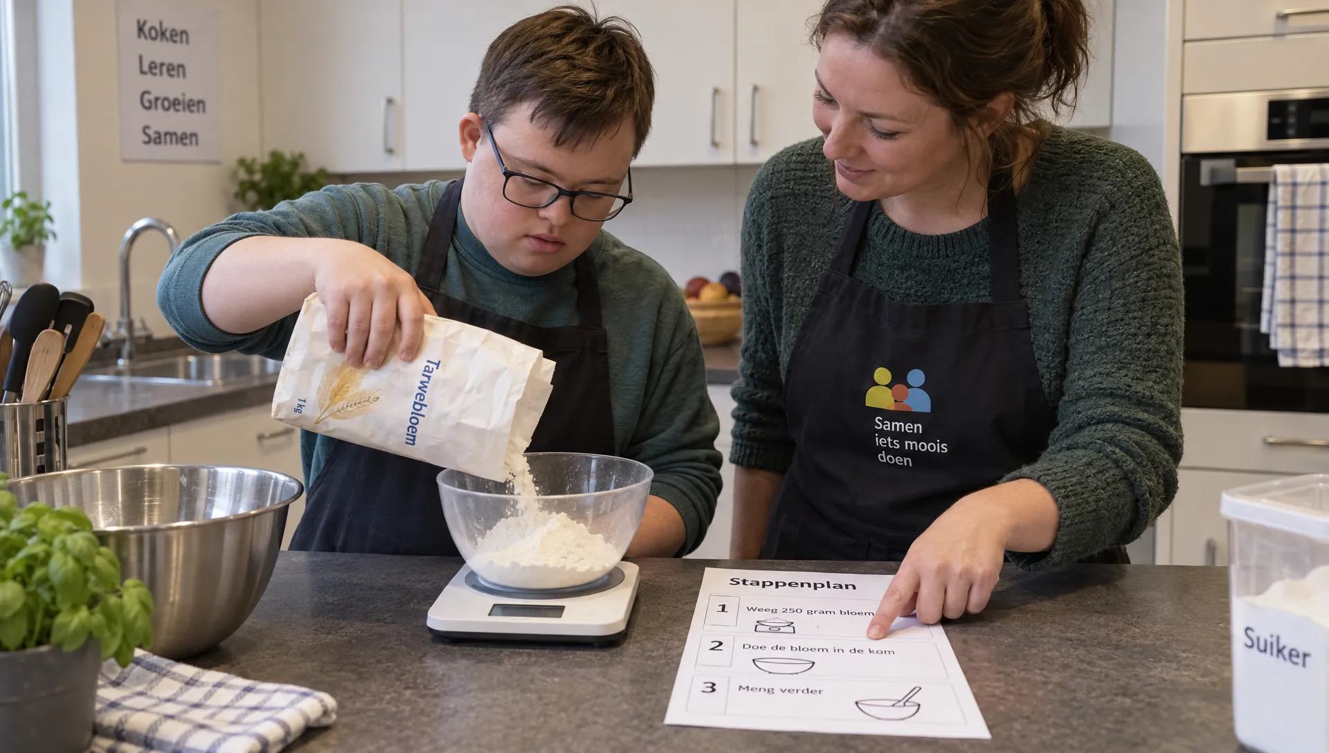Een jongvolwassene weegt bloem af met een begeleider naast zich en volgt een stappenkaart tijdens het koken.