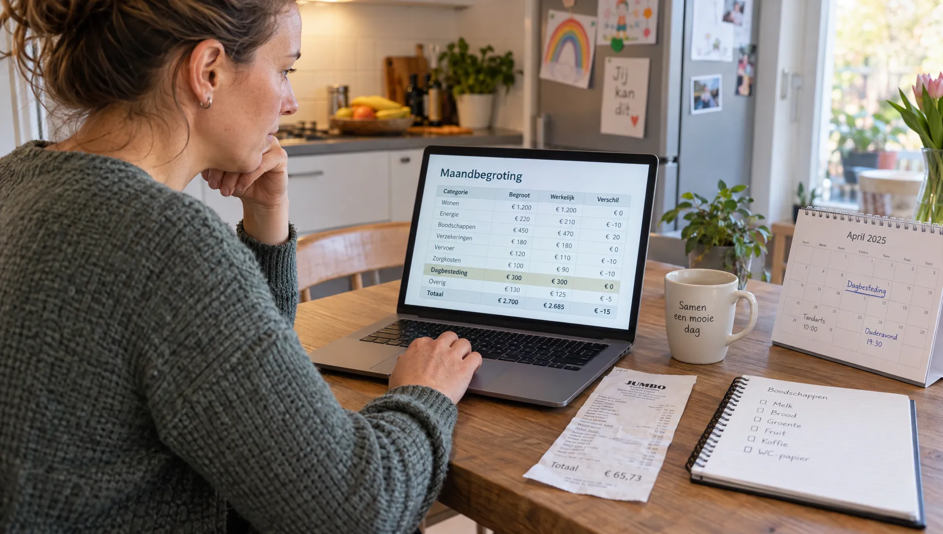 Een ouder bekijkt thuis de maandbegroting op een laptop en neemt de kosten van dagbesteding mee in het gezinsbudget.