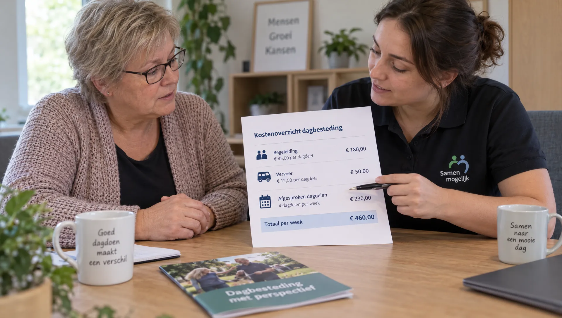 Een ouder en begeleider bespreken een kostenoverzicht voor dagbesteding met bedragen voor begeleiding, vervoer en afgesproken dagdelen.
