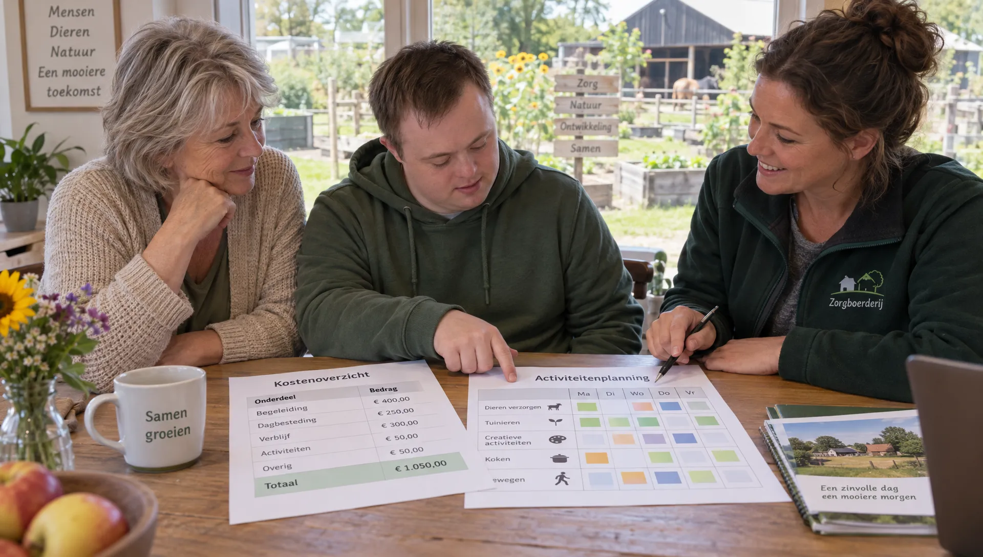 Een ouder, jongvolwassene en begeleider bekijken samen een uitgesplitst kostenoverzicht en activiteitenplanning aan tafel, met de zorgboerderijtuin zichtbaar door het raam.