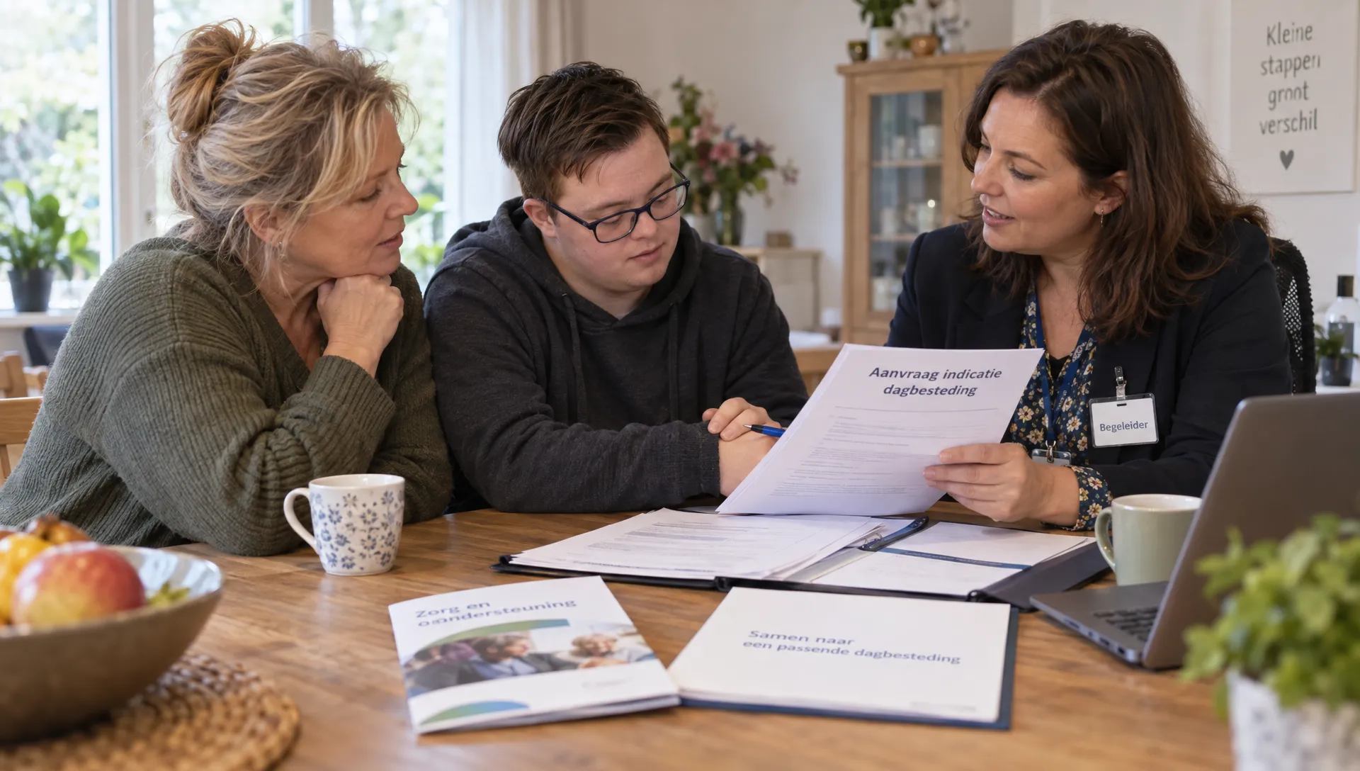 Een ouder, jongvolwassene en begeleider bespreken samen de aanvraag voor een indicatie voor dagbesteding aan een keukentafel.