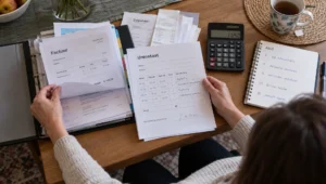 Een ouder verwerkt urenstaten en facturen aan de eettafel om de pgb-administratie voor dagbesteding bij te houden.
