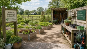 Een overzichtelijke tuinwerkplek op een zorgboerderij met verhoogde bakken, een pottenbank en een beschut gereedschapsgedeelte.