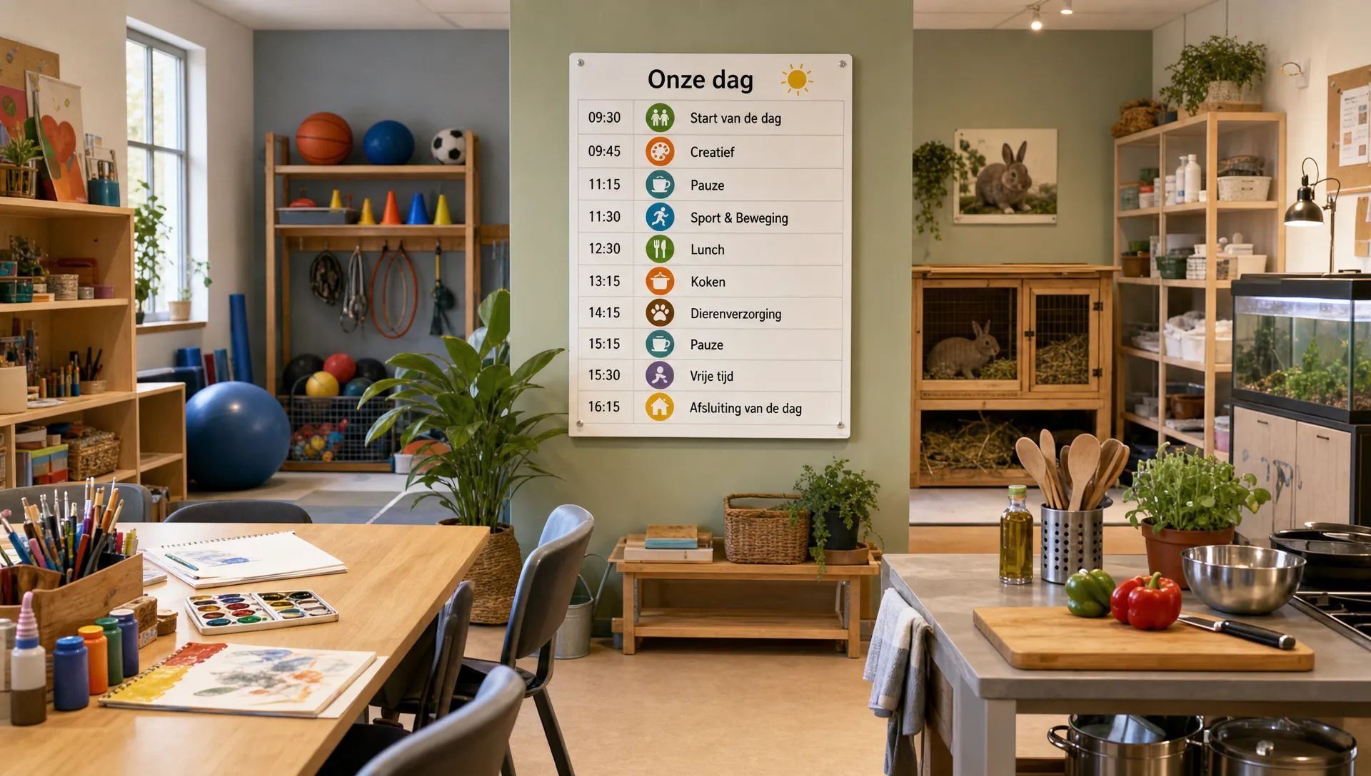 Een rustige dagbestedingsruimte met creatieve materialen, sportspullen, kookgerei en spullen voor dierenverzorging als onderdelen van één gestructureerde dag.