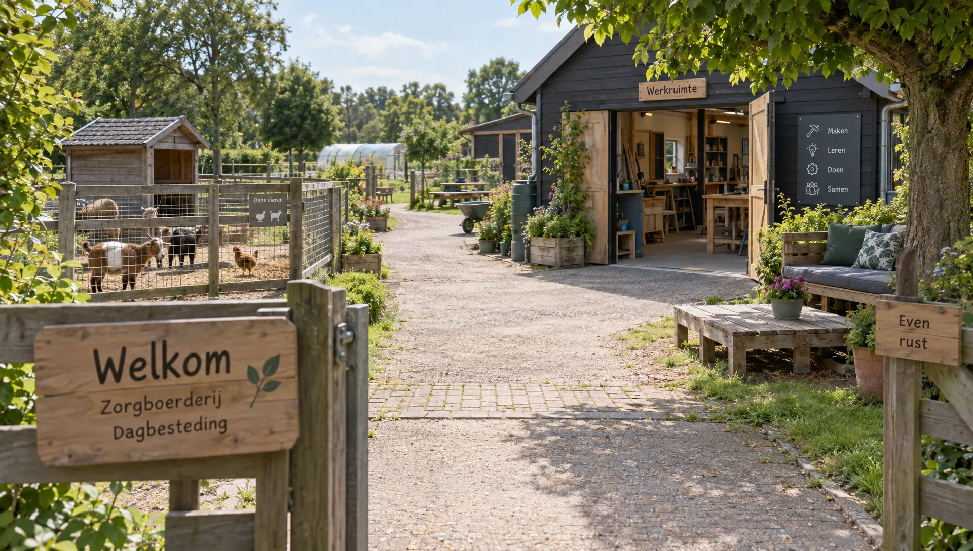 Een zorgboerderij met een erf, dierenverblijf en werkruimte biedt een beeld van een mogelijke plek voor dagbesteding zonder indicatie.