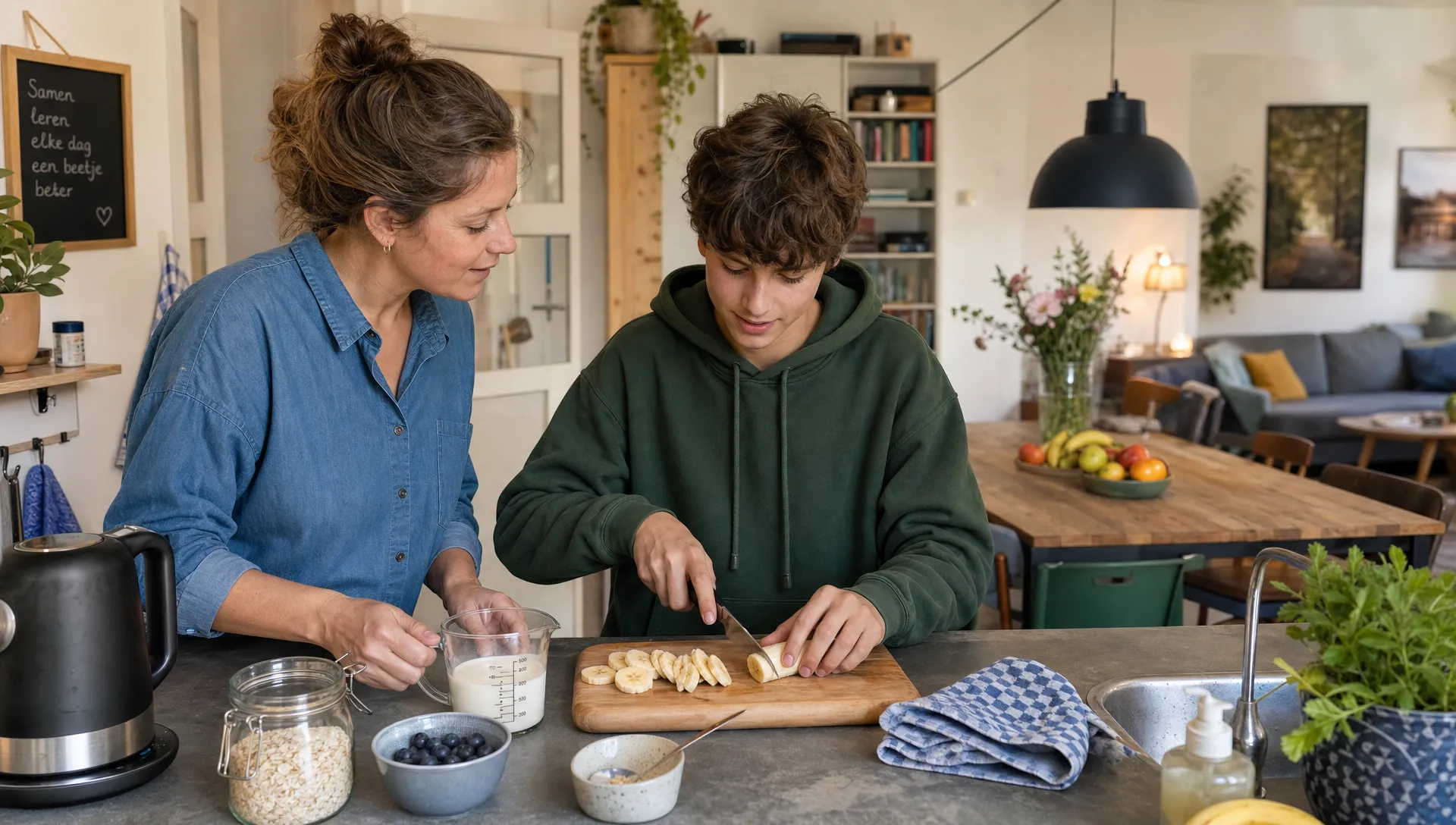 In een huiselijke keuken maken een jongere en begeleider samen een eenvoudige snack tijdens werken met licht verstandelijke beperking.