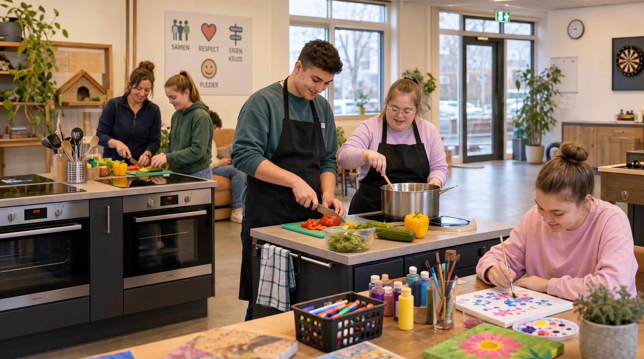 Jongeren en begeleiders koken samen in een ruime keuken, terwijl een meisje aan tafel schildert bij dagbesteding voor mensen met autisme.