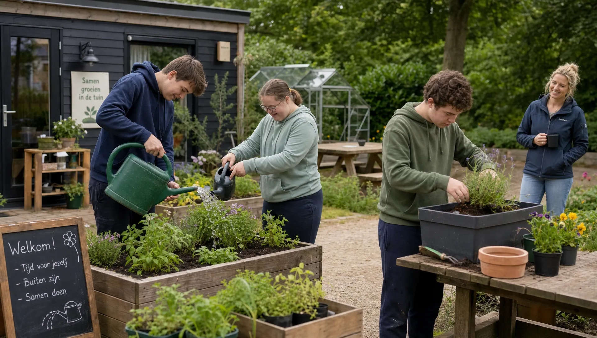 Jongeren werken in de tuin met gieters, plantenbakken en een begeleider op afstand in een rustige dagbestedingsomgeving.