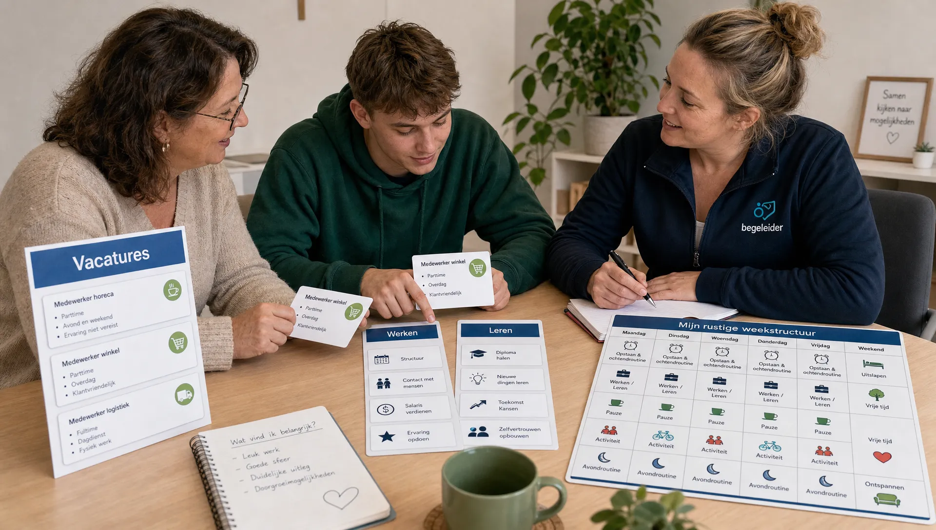 Ouder, jongere en begeleider bespreken werken en leren met planningkaarten en een rustige weekstructuur op tafel.