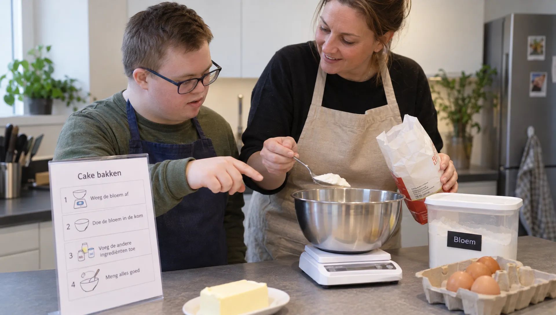 Tijdens het samen bakken vraagt een jongvolwassene de begeleider om hulp bij het afwegen, met een stappenkaartje naast de ingrediënten.