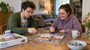 Twee jongeren leggen samen een puzzel aan de keukentafel, een rustige activiteit voor contact en ontspanning bij autisme.