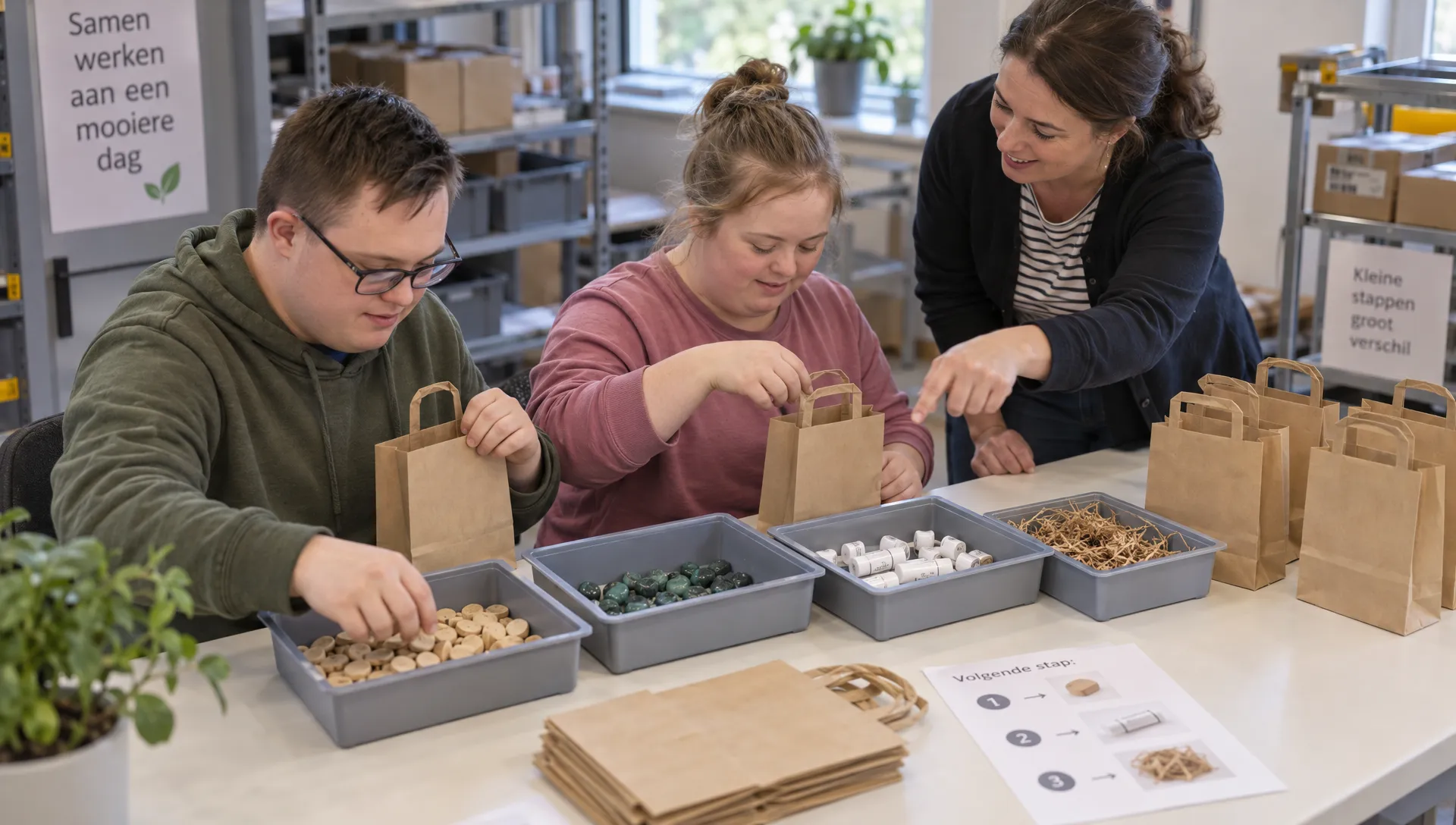 Twee jongvolwassenen vullen papieren tasjes en sorteren materialen tijdens activiteiten voor jongeren met autisme.